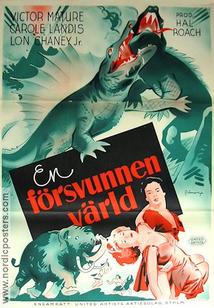 En försvunnen värld 1940 poster Victor Mature Lon Chaney Jr Carole Landis Hal Roach Eric Rohman art Dinosaurier och drakar