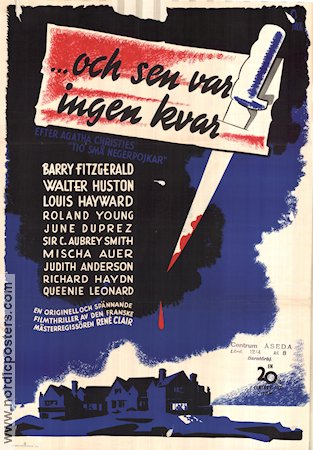 Och sen var ingen kvar 1945 poster Barry Fitzgerald Walter Huston Louis Hayward René Clair Text: Agatha Christie