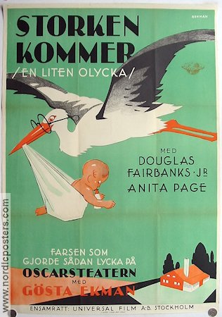 Storken kommer 1926 poster Douglas Fairbanks Jr Fåglar Barn Eric Rohman art