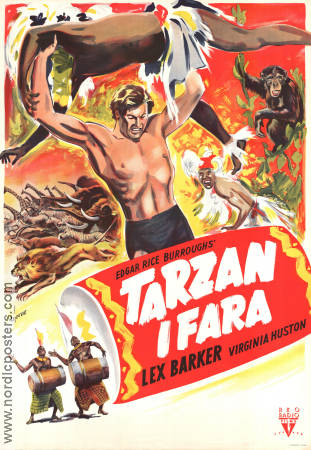 Tarzan i fara 1951 poster Lex Barker Hitta mer: Tarzan Text: Edgar Rice Burroughs Affischkonstnär: Walter Bjorne